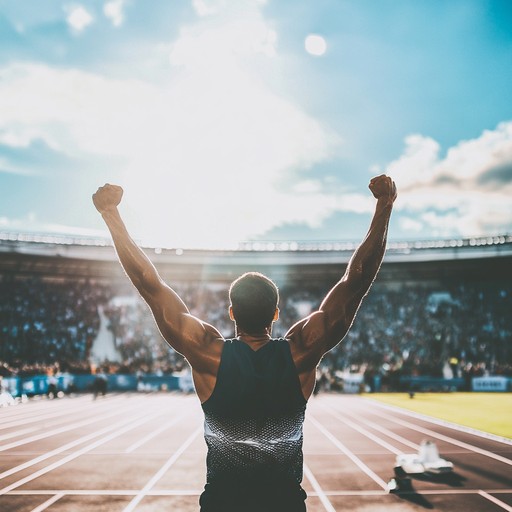 Athlete celebrating victory with raised arms in a stadium, symbolizing progress and achievement