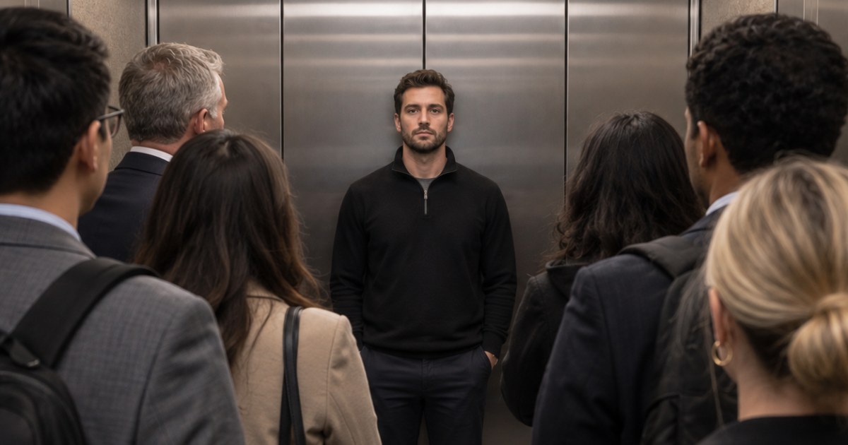 Becoming comfortable with discomfort: a man stands in an elevator facing the group while everyone else faces the doors
